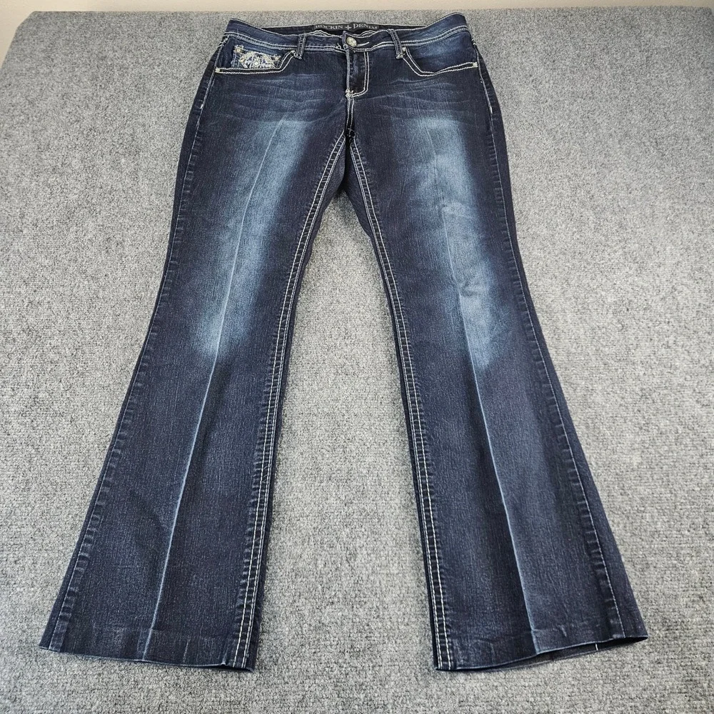 Rockin Denim Womens Bootcut Jeans Dark Wash Embroidered‎ Pocket Blue Size 14